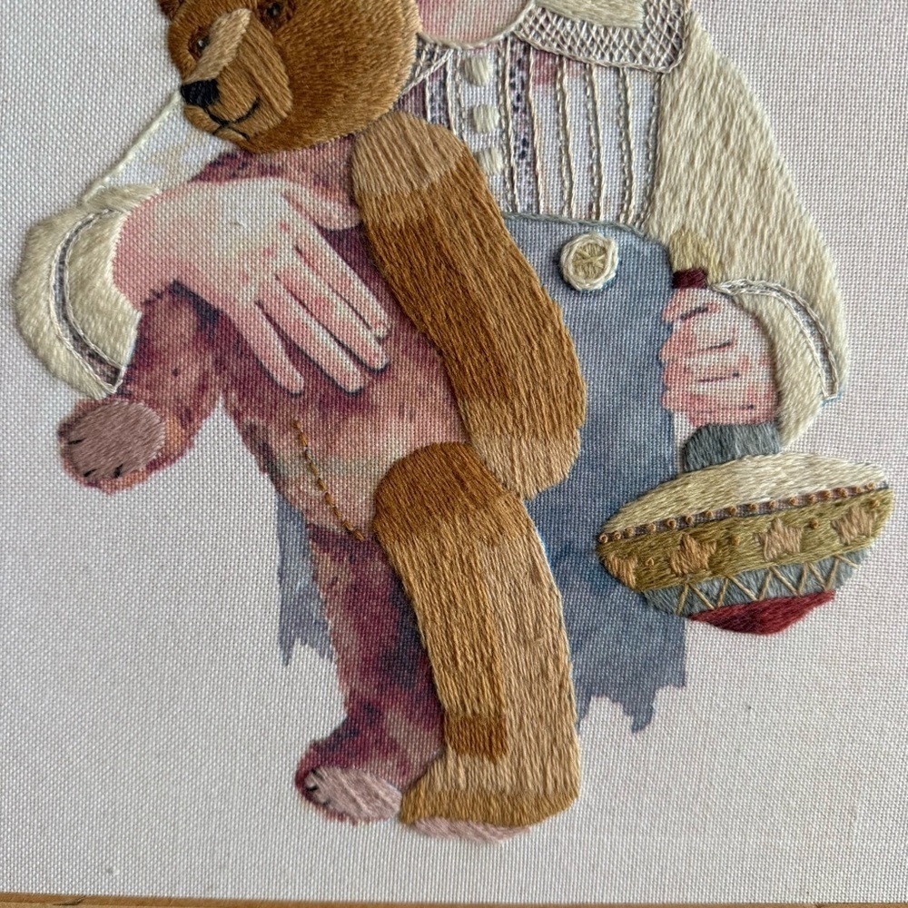 Vintage Embroidery Nursery Baby Art Wooden Framed Kid With Teddy Bear 16x20” - Picture 3 of 9
